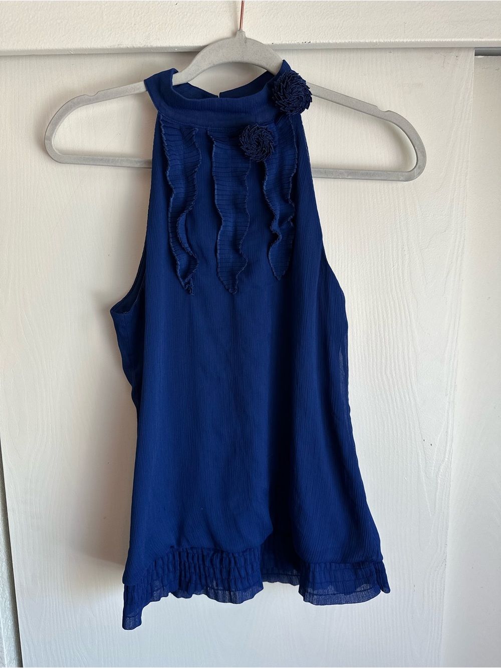 Sleeveless Navy Halter Tank with Ruffle Rosette Details